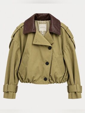 Avec Les Filles Olive Cropped Trench Jacket Brown Contrast Collar Size M NWT